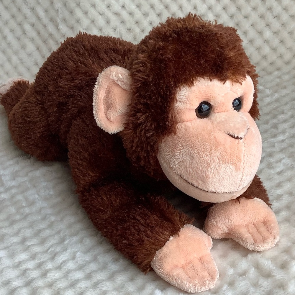 Aurora World Medium Size Brown Plush Monkey Laying Down Chimp Stuffed Animal Toy
